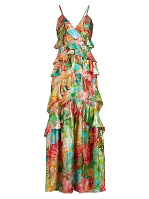 Harlen Floral Metallic Ruffled Gown