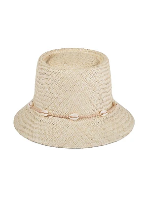 Seashell-Embellished Straw Bucket Hat