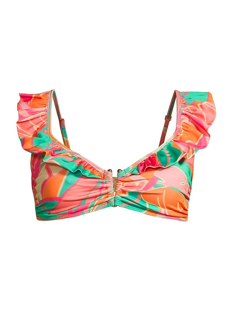 Siena Palm-Print Ruffled Bikini Top