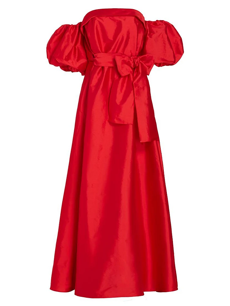 Belted Taffeta Off-The-Shoulder Gown