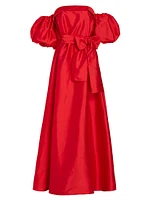 Belted Taffeta Off-The-Shoulder Gown