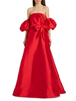 Belted Taffeta Off-The-Shoulder Gown