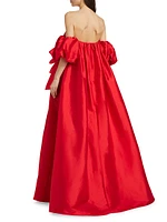 Belted Taffeta Off-The-Shoulder Gown