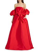 Belted Taffeta Off-The-Shoulder Gown