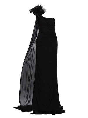 Draped Silk Chiffon One-Shoulder Gown