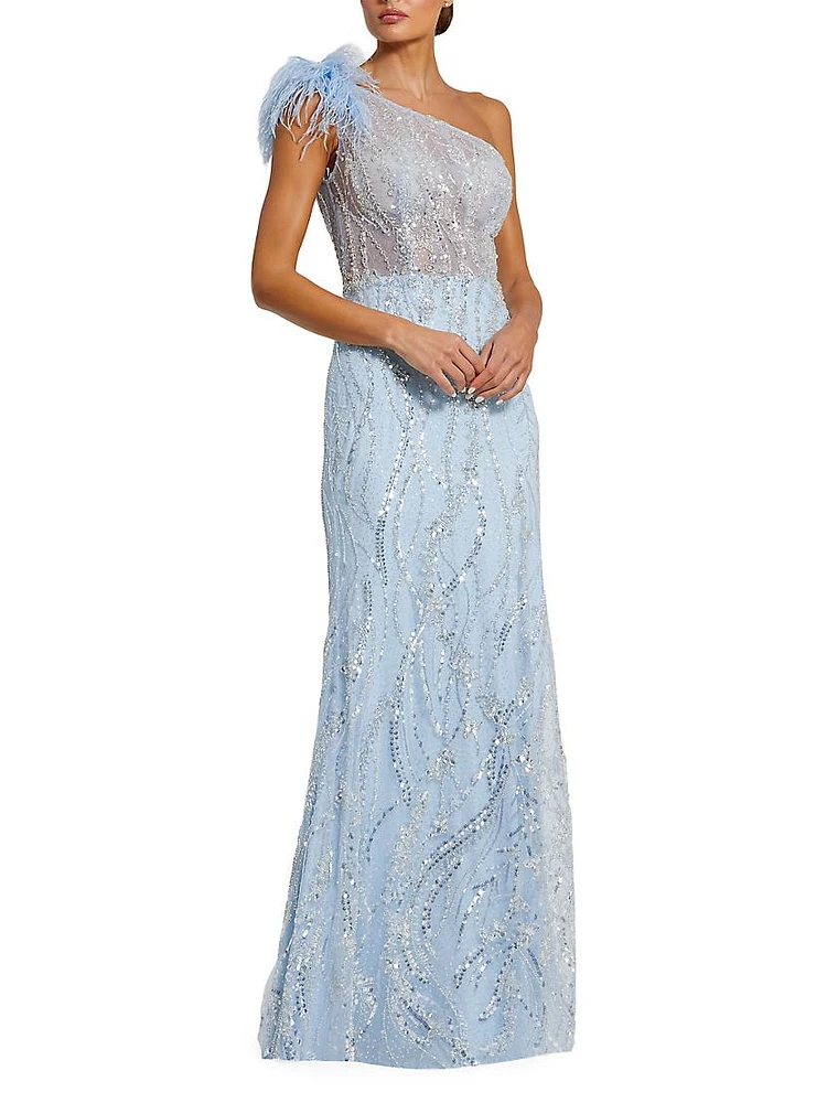 Feather-Trimmed Sequined One-Shoulder Gown