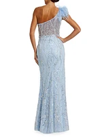 Feather-Trimmed Sequined One-Shoulder Gown