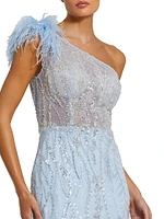 Feather-Trimmed Sequined One-Shoulder Gown