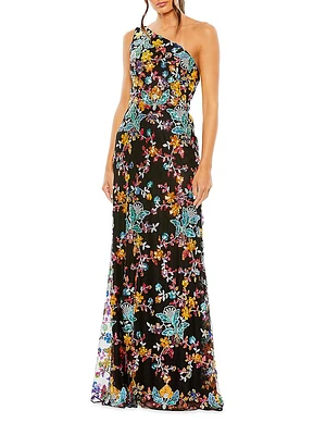 Floral Sequined One-Shoulder Lace-Up Gown