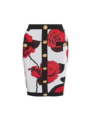 Rose-Print Compact-Knit Pencil Skirt