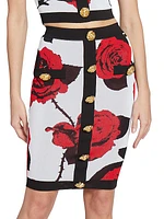 Rose-Print Compact-Knit Pencil Skirt