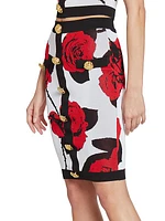 Rose-Print Compact-Knit Pencil Skirt