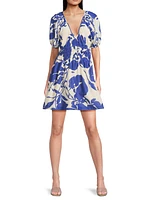 Roma Salone Floral Silk-Cotton V-Neck Minidress