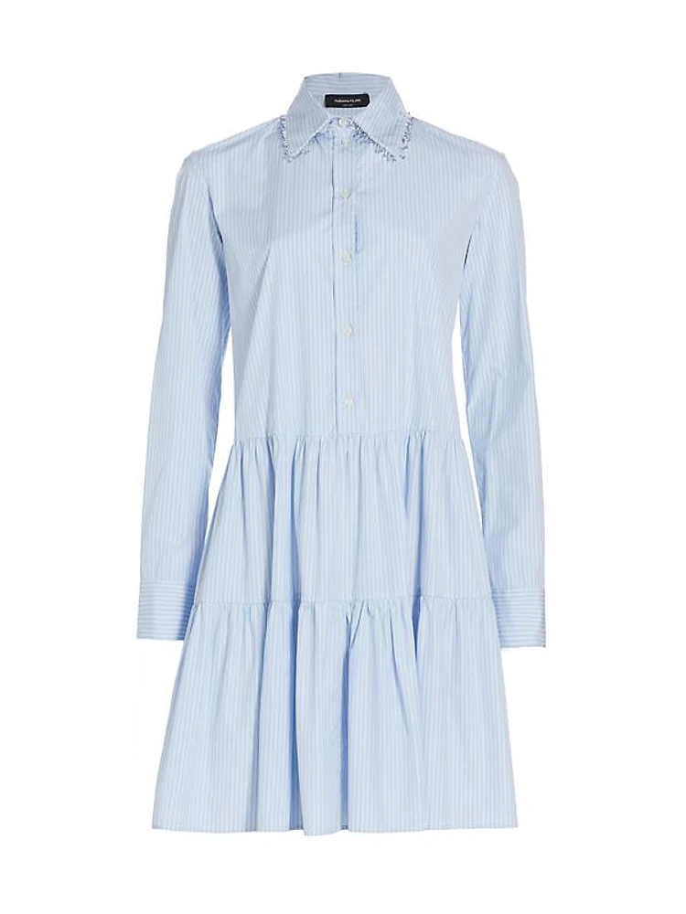 Embellished Stripe Poplin Frilled Shirtdress