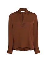 Stretch-Silk Polo Blouse