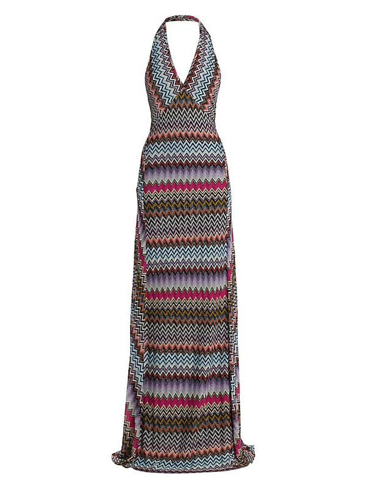 Chevron-Striped Halter Gown