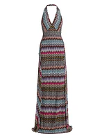 Chevron-Striped Halter Gown