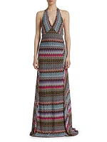 Chevron-Striped Halter Gown