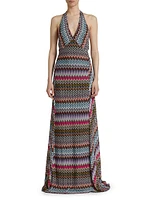 Chevron-Striped Halter Gown