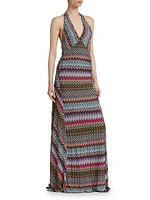 Chevron-Striped Halter Gown