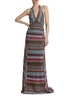 Chevron-Striped Halter Gown