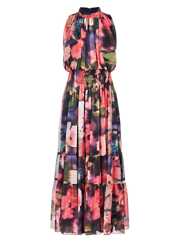 Leilani Hibiscus Print Blouson Maxi Dress