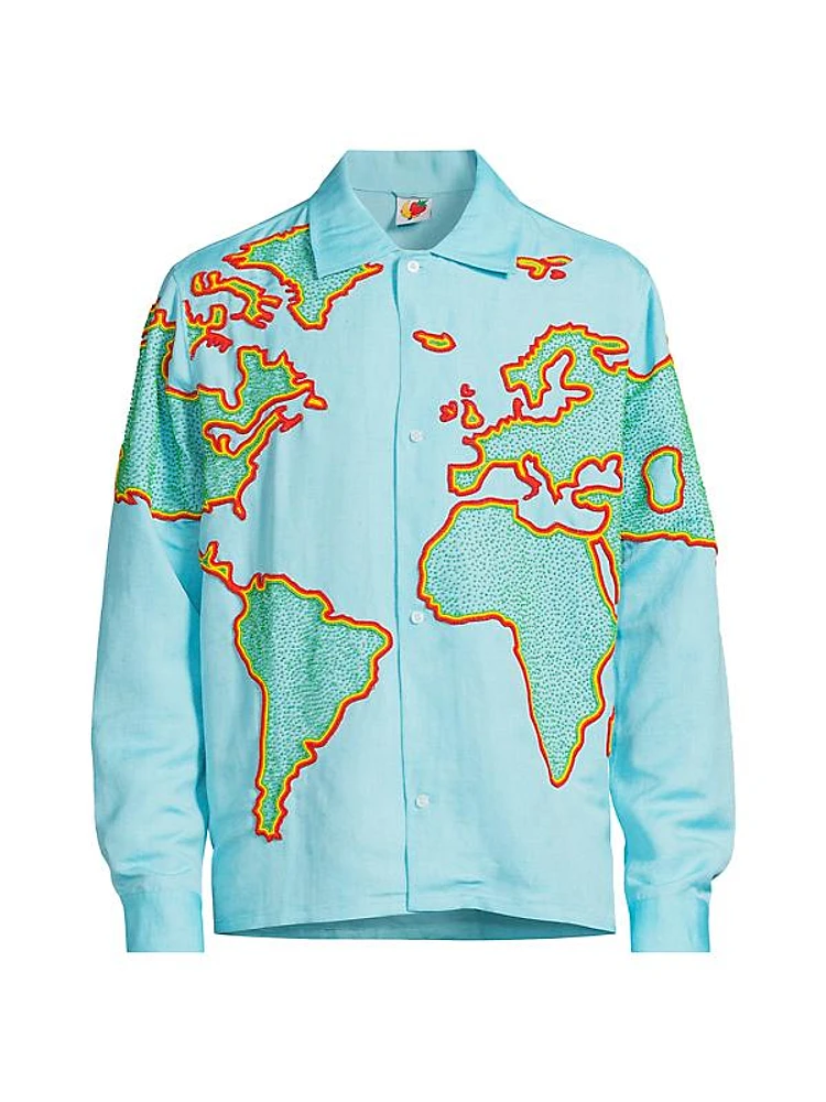 World Map-Embroidered Linen-Blend Shirt