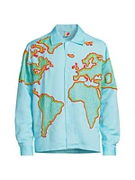 World Map-Embroidered Linen-Blend Shirt