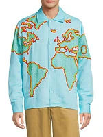 World Map-Embroidered Linen-Blend Shirt