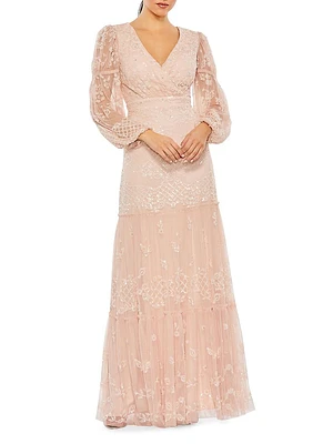 Embellished Tulle Puff-Sleeve Gown