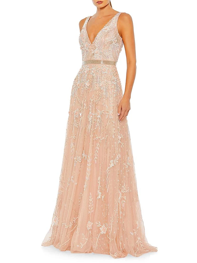 Embellished Tulle Long Gown