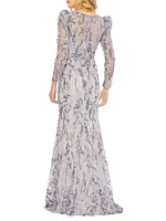 Embellished Lace Puff-Sleeve Gown