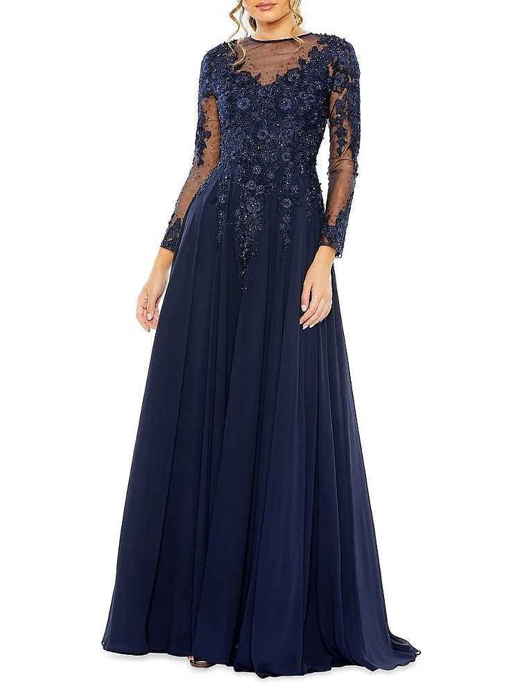 Embellished Illusion Long-Sleeve A-Line Gown