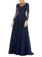 Embellished Illusion Long-Sleeve A-Line Gown