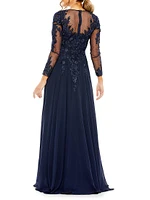 Embellished Illusion Long-Sleeve A-Line Gown