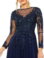 Embellished Illusion Long-Sleeve A-Line Gown