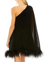 Feather-Trimmed Trapeze One-Shoulder Dress