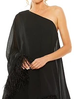 Feather-Trimmed Trapeze One-Shoulder Dress