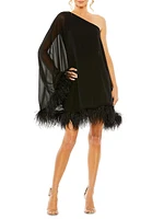 Feather-Trimmed Trapeze One-Shoulder Dress