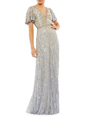 Sequined Butterfly-Sleeve Column Gown