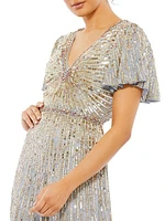 Sequined Butterfly-Sleeve Column Gown