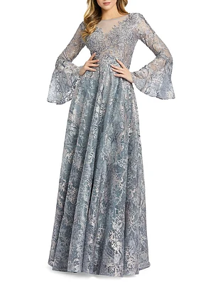 Vine Sequined Jacquard Bell-Sleeve Gown
