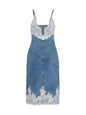 Lace-Embellished Denim Midi-Dress