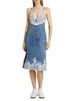 Lace-Embellished Denim Midi-Dress