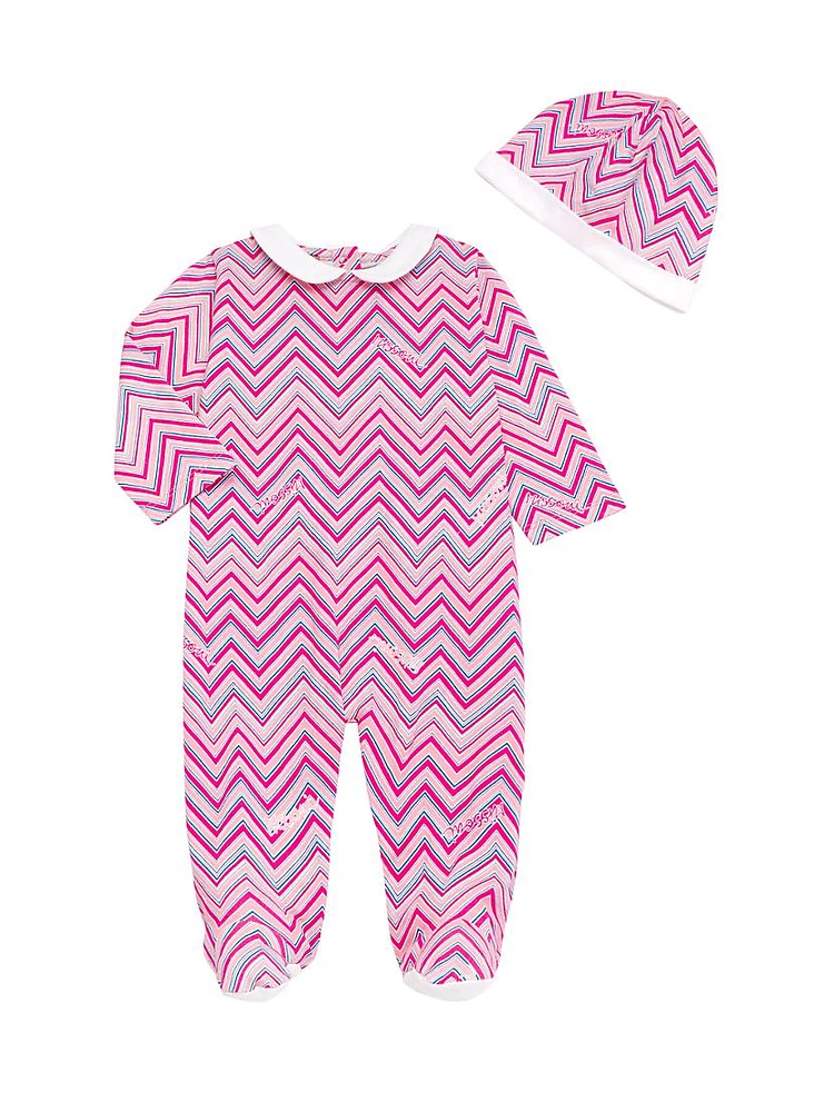 Baby Girl's Chevron Collared Footie & Beanie Set