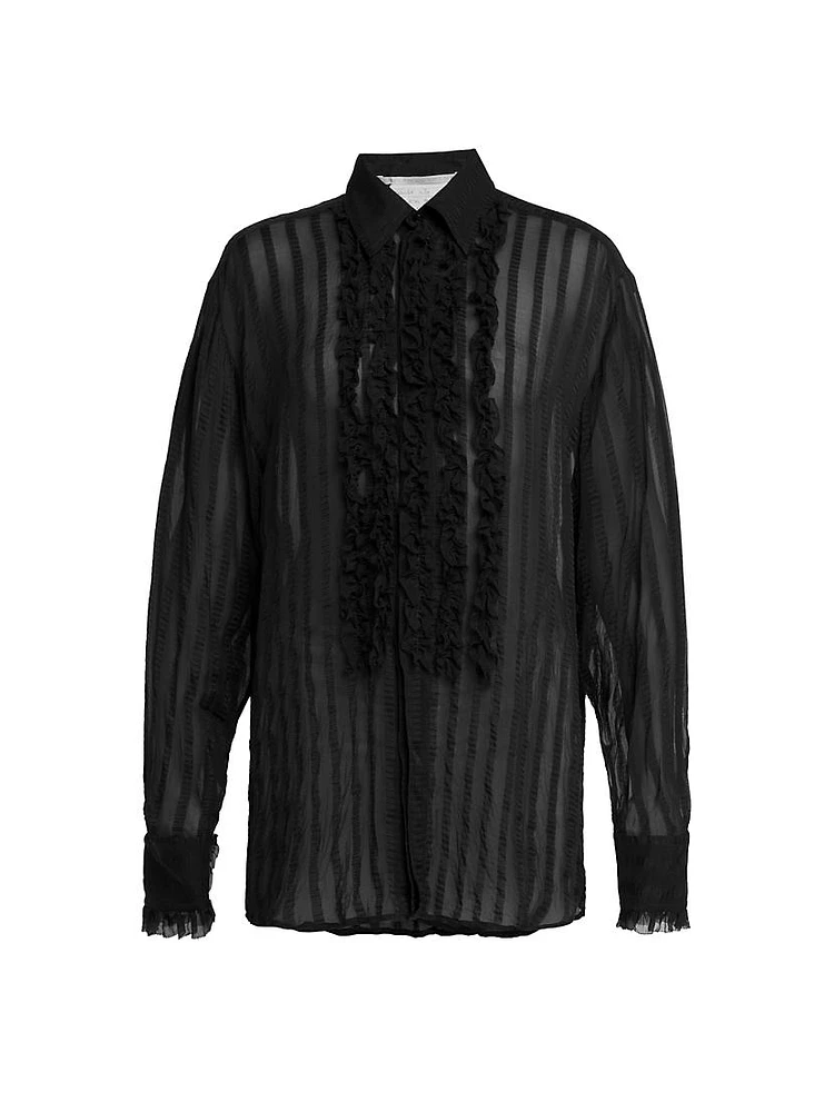 Ruffled Seer-Suckered Silk-Blend Shirt