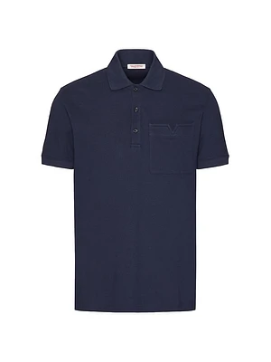 Cotton Piqué Polo Shirt With Topstitched V Detail