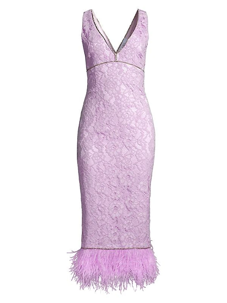Marino Floral Lace Feather-Trimmed Midi-Dress