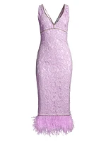 Marino Floral Lace Feather-Trimmed Midi-Dress