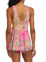 Flamingo Floral Wrap Skirted One-Piece Swimsuit